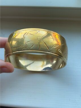 Vintage Engraved Solid Brass Wide Bangle Bracelet